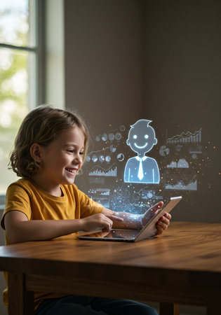 child using tablet with social media icons on screen at table in officeの素材