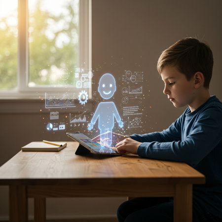 Boy using tablet with virtual hologram. Future technology concept. Double exposureの素材