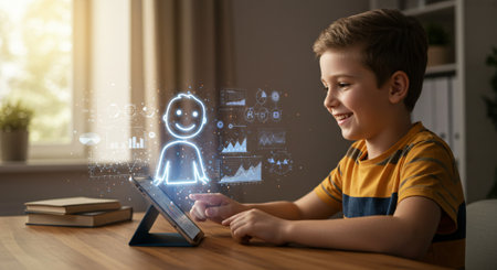 Boy using tablet with happy smiley face icon on screen at homeの素材