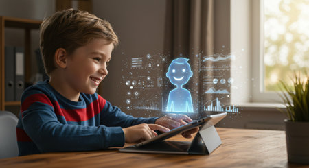 Boy using tablet with hologram projection. Technology and communication concept.の素材