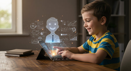 Boy using tablet with medical icons on screen at table in dark roomの素材