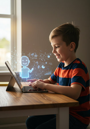 Boy using laptop with social media icons on screen. Technology and communication conceptの素材