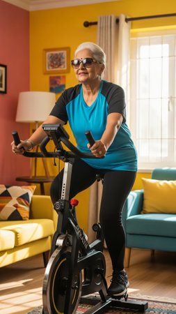 Senior woman riding a stationary bike at home in the living room.の素材