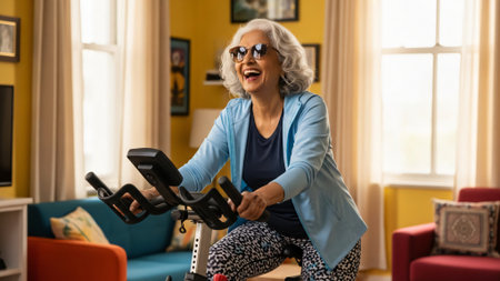 happy senior woman riding on exercise bike at home and looking at cameraの素材