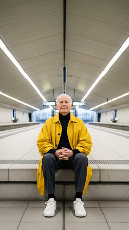 Portrait of a senior man sitting on the platform of a subway stationの素材