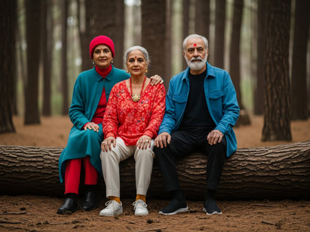 Portrait of a senior couple sitting on a log in the forestの素材