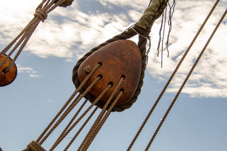 View on the ropes of an old tall shipのeditorial素材