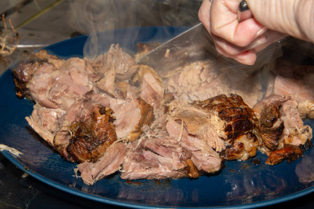 Preparing a stew with pork roll