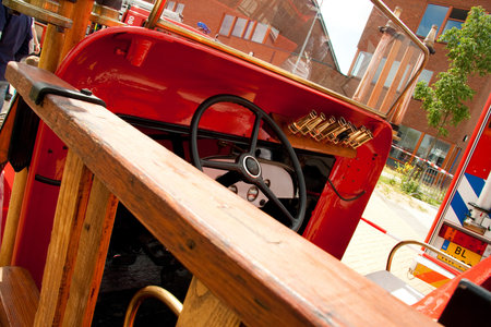 Steering wheel of a vintage fire brigade truckのeditorial素材