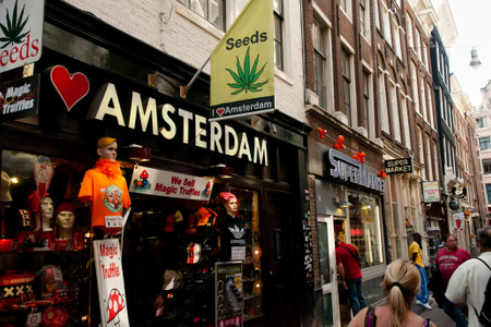 AMSTERDAM, NETHERLANDS - May 6, 2013: Souvenir shop in the red light district where the public can buy drugsのeditorial素材