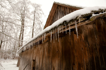 Icicles On Old Barnの写真素材