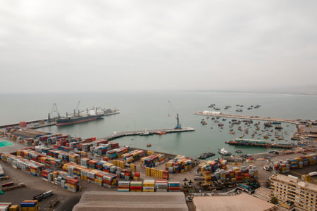 ARICA, CHILE - SEPTEMBER 21, 2014: Aerial view of the port of Arica which is an important port for supplying the inland of South Americaのeditorial素材