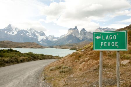 Pehoe Lake Sign - Torres Del Paine National Park - Chileの写真素材