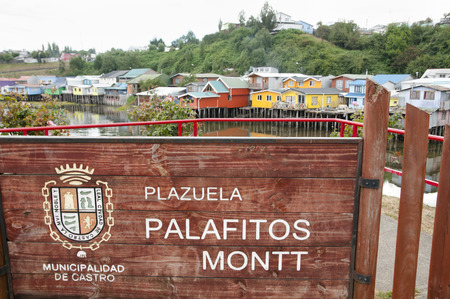 Palafito Houses Sign - Castro - Chileの写真素材