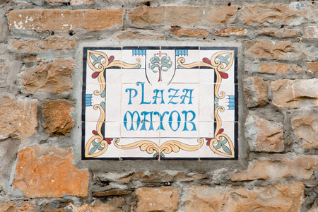 Main Square Tile Sign - Ainsa - Spainの写真素材