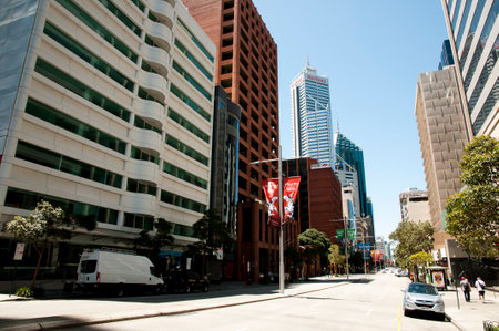 PERTH, AUSTRALIA - October 30, 2016: City buildings of St Georges Terrace in one of the most isolated cities in the worldのeditorial素材