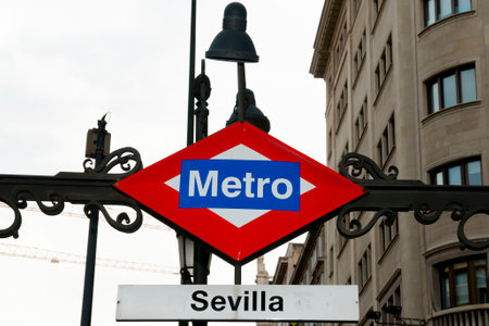 Sevilla Station Metro Sign - Madrid - Spainのeditorial素材