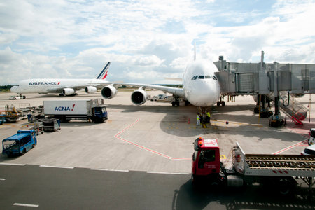 PARIS, FRANCE- July 13, 2016: Air France airplanes in CDG airport which is one of the top 10 busiest airports worldwideのeditorial素材