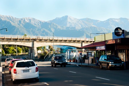 KAIKOURA, NEW ZEALAND - April 3, 2011: Local traffic on Esplanade Street in the coastal town of Kaikouraのeditorial素材