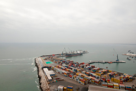 ARICA, CHILE - SEPTEMBER 21, 2014: Aerial view of the port of Arica which is an important port for supplying the inland of South Americaのeditorial素材