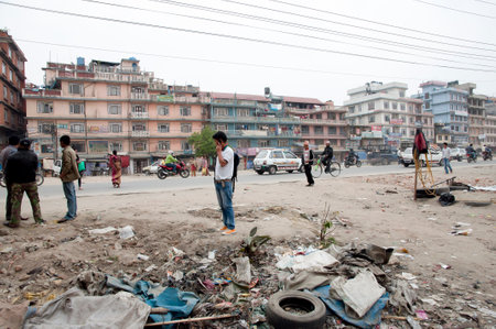 KATHMANDU, NEPAL - MARCH 18, 2012: Pollution on a main street on the outskirts of the capital cityのeditorial素材
