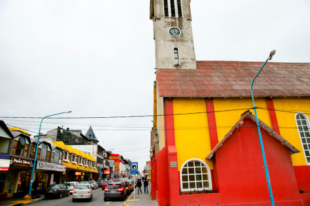 USHUAIA, ARGENTINA - February 7, 2015: Commercial buildings on San Martin Avenue in the southernmost city in the worldのeditorial素材