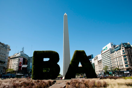 BUENOS AIRES, ARGENTINA - December 15, 2016: Floral BA pattern (Buenos Aires) in Plaza de la Republica near the iconic obeliskのeditorial素材