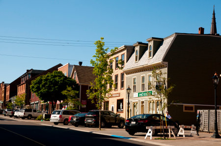 CHARLOTTETOWN, CANADA - August 8, 2016: Stores & restaurant buildings on Queen streetのeditorial素材