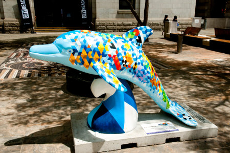 PERTH, AUSTRALIA - February 3, 2018: Colorful dolphin sculpture is part of The Big Splash WA art eventのeditorial素材