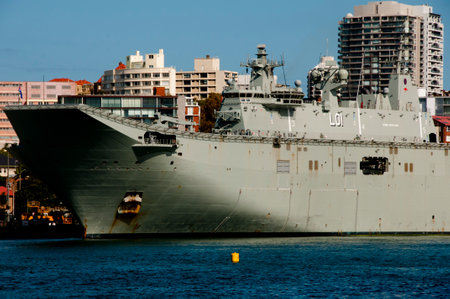 SYDNEY, AUSTRALIA - April 4, 2018:  Landing helicopter dock ship HMAS Adelaide (L01) at Fleet Base in East Sydney Harbourのeditorial素材