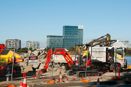 PERTH, AUSTRALIA - May 21, 2018: Construction of Matagarup bridge on Swan River which will give access to the new Perth Optus Stadiumのeditorial素材