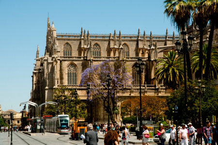 SEVILLE, SPAIN - June 1, 2016: Pedestrians & city life near Seville Cathedralのeditorial素材