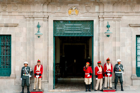 LA PAZ, BOLIVIA - September 6, 2014: Guards & military police in front of the presidential palace