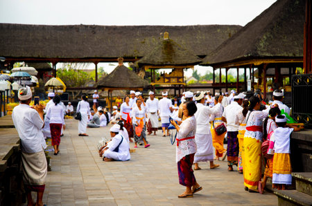 BALI, INDONESIA - August 30, 2019: Hindu Purnama full moon ceremony in the holiest temple of Bali