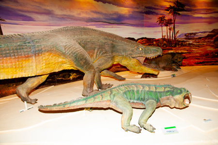 San Juan, Argentina - April 23, 2017: Replicas of dinosaurs in the museum of Natural Sciences Interpretation Center in Ischigualasto Provincial Parkのeditorial素材