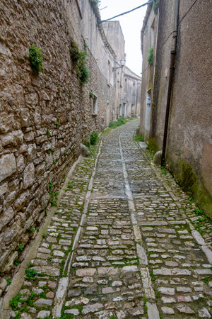 Pedestrian Cobblestone Street in Erice - Sicily - Italyの写真素材