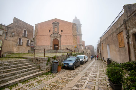 Pedestrian Cobblestone Street in Erice - Sicily - Italyの写真素材