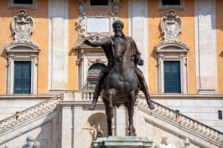 Equestrian Statue of Marcus Aurelius in Piazza del Campidoglio - Rome - Italyの写真素材