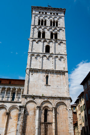 Bell tower of the cathedral of Lucca, Tuscany, Italyの写真素材