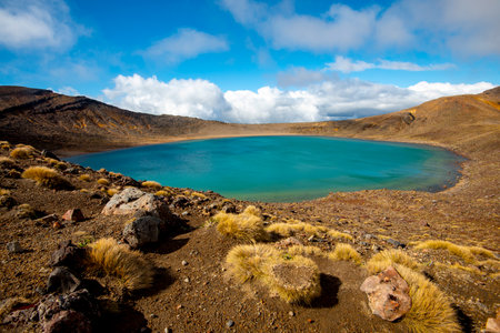 Landscape of volcanic crater lake at Tongariro National Park, New Zealandの写真素材