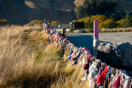 Rows of colorful clothes hanging on a rope in the countryside.の写真素材