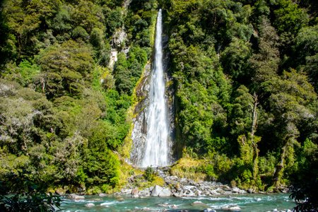 Waterfall in New Zealand, South Island, New Zealand's largest waterfallの写真素材