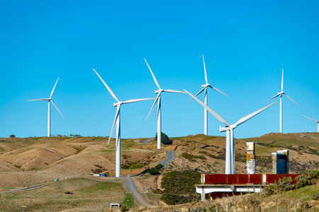 Wind turbines for electric power production, Zaragoza province, Aragon, Spain.