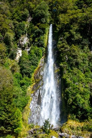 Waterfall in Milford Sound, Fiordland National Park, New Zealandの写真素材
