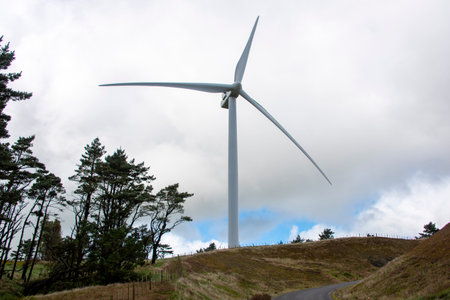 Wind turbine on a hillside in South Island, New Zealand.