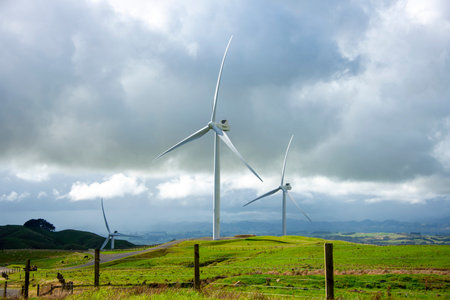 Wind turbines generating electricity in the countryside, South Island, New Zealand.