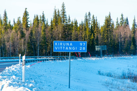 Distance Sign on Swedish County Road 395 in Laplandの写真素材