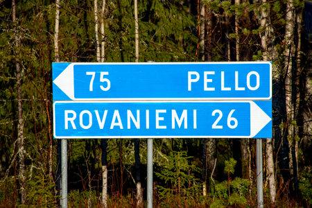 Distance Sign on National Road 83 in Lapland - Finlandの写真素材