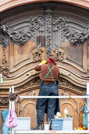Exterior Restoration of Old Church Wooden Doorの写真素材