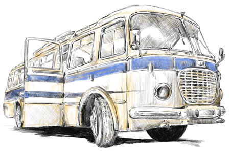 Vintage bus on a white background. Hand-drawn illustration.の素材
